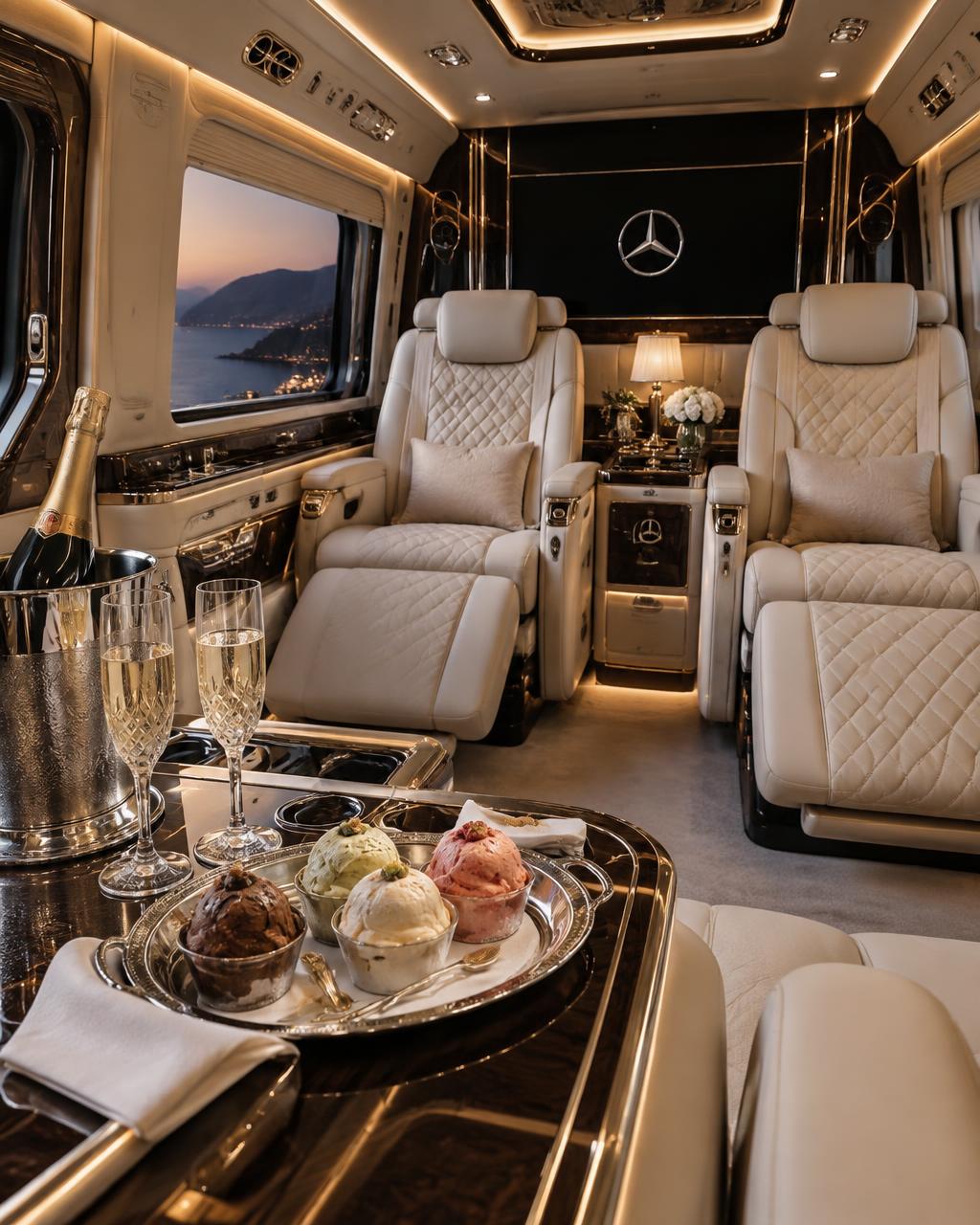Interior executivo com poltronas de couro, champagne e gelato